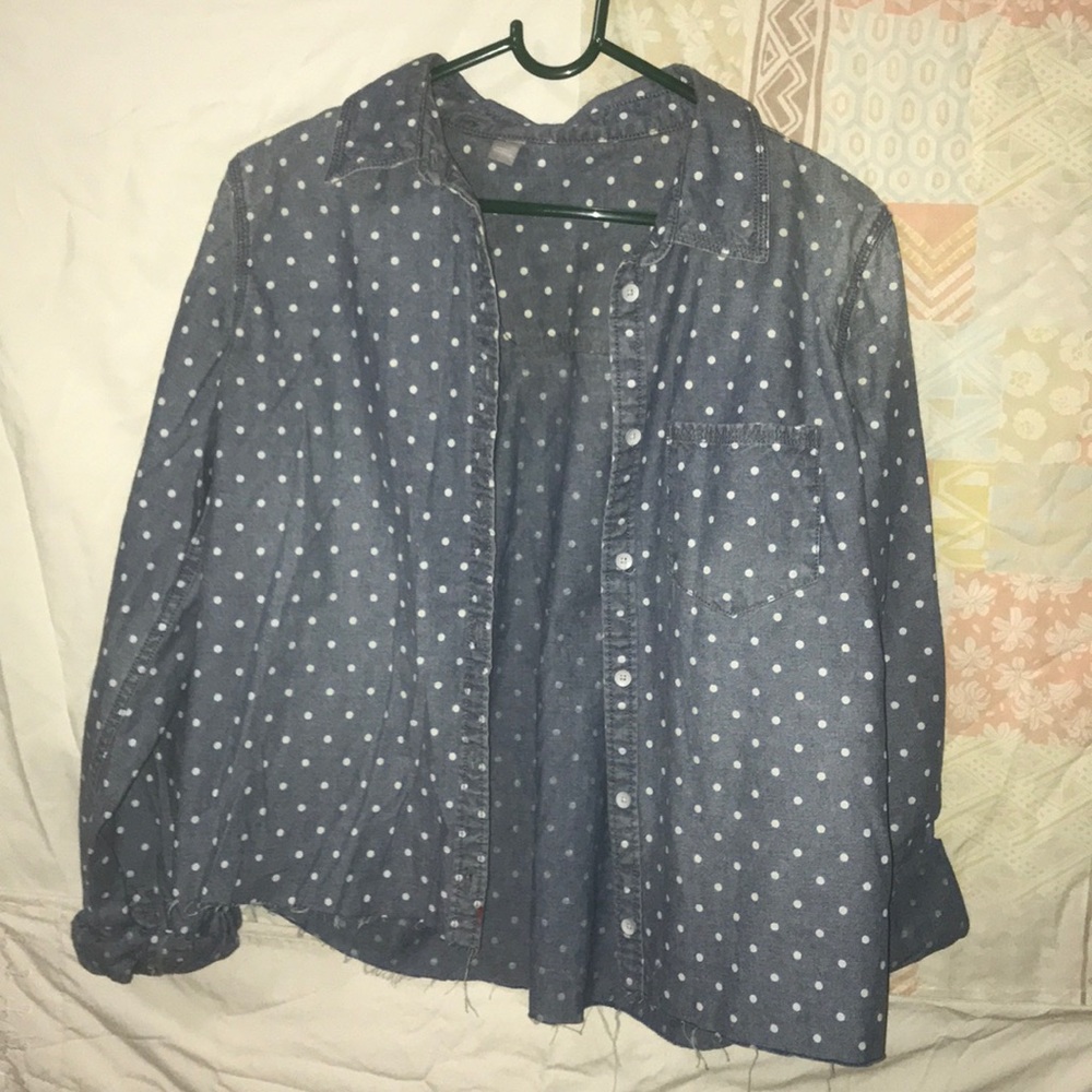 Denim shirt with white polka dots